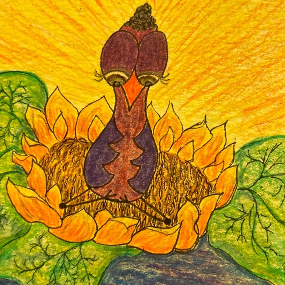 Unframed Original Art Pencil Crayon Drawing Illustration Cute Yoga Meditation - Picture 1 of 5